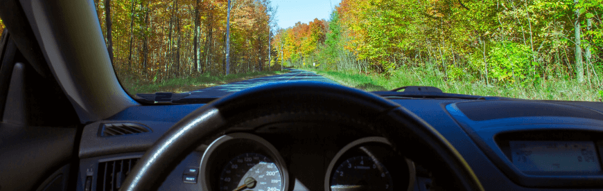 Get Fall Car Care Services for Your Euros and Swedish Cars with Heights Swedish Solutions in Cleveland Heights OH; image of view from steering wheel driving in the autumn during the day