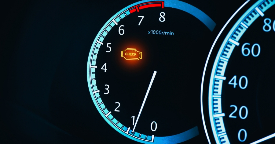 European Vehicle Repair and Maintenance in Cleveland Heights, OH at Heights Swedish Solutions. Image of an engine malfunction warning light or check engine light illuminated on the instrument panel of a car. 