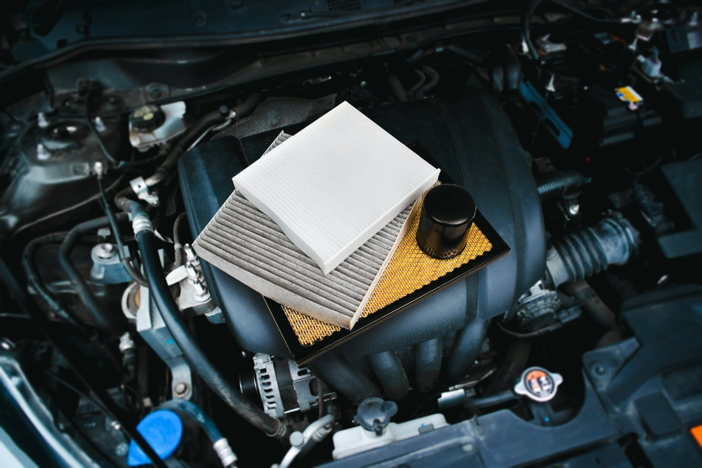 Cabin Air Filter Replacement in Cleveland Heights OH At Heights Swedish Solution. Close-up of a cabin air filter on top of an open car hood ready for replacement